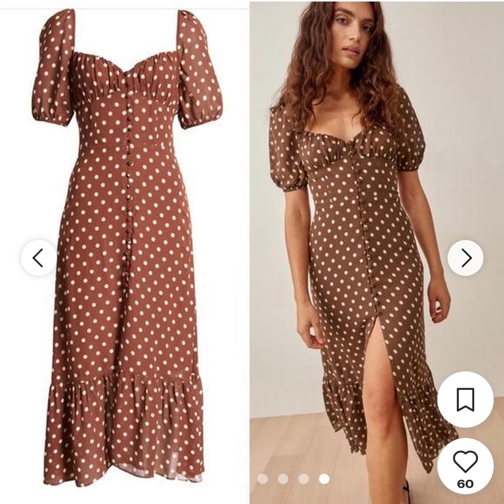 Reformation Charlee dress. Chocolate brown with polka dots. Size 8. NWOT